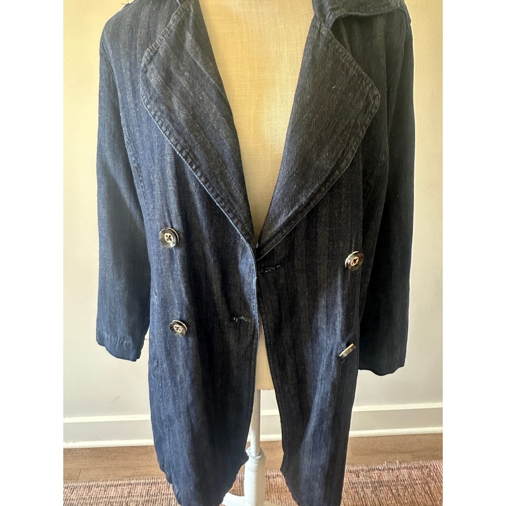 Chicos Dark Wash Denim Trench Coat Double Breasted Herringbone Long Jacket Sz 1 - Picture 4 of 13
